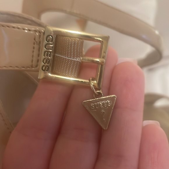 Guess Platform Patent Beige Sandal Heels with Charm - Picture 3 of 11